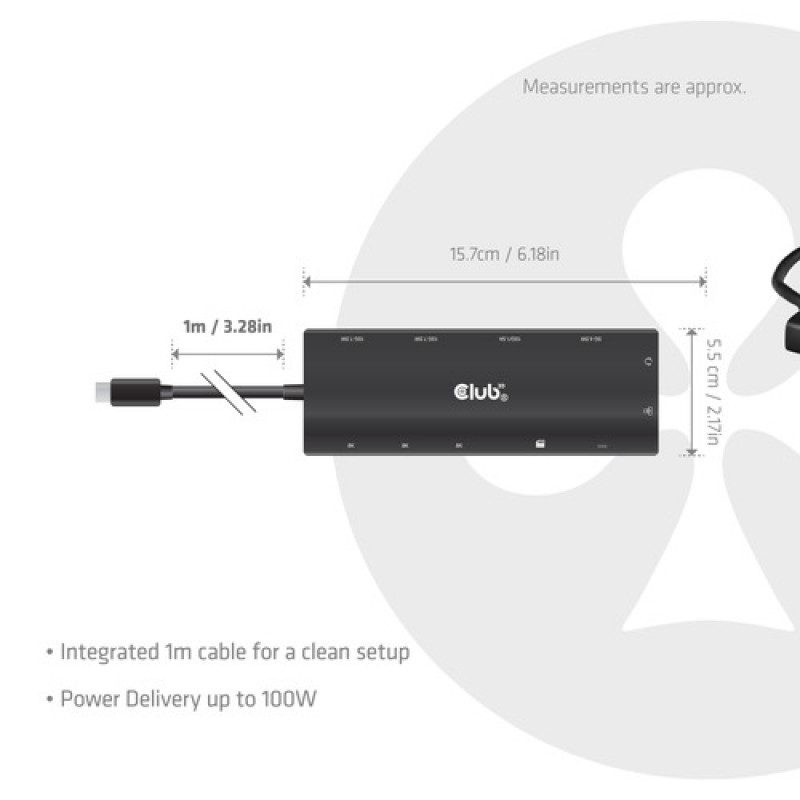 Club 3D CSV-2556 USB-C 12-ühes jaotur, 3x HDMI/3x USB-C/USB/LAN, 8K30Hz, PD 140W
