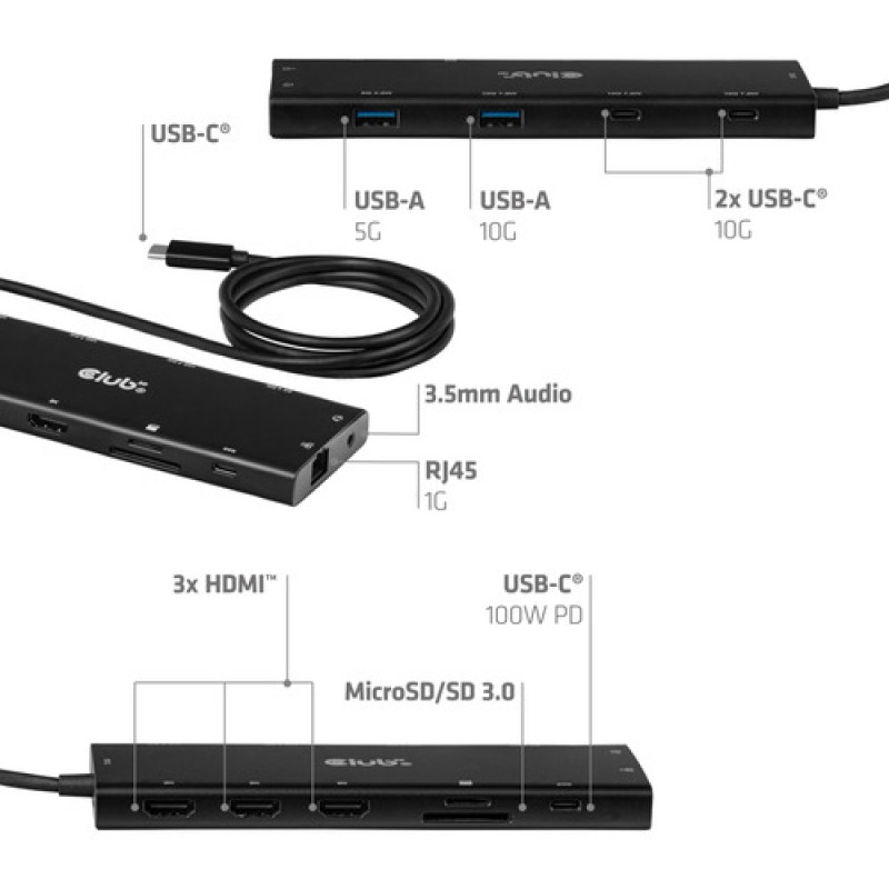 Club 3D CSV-2556 USB-C 12-ühes jaotur, 3x HDMI/3x USB-C/USB/LAN, 8K30Hz, PD 140W