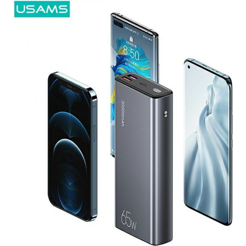 USAMS PB59 US-CD165 akupank 30000 mAh, 65 W, 2x QC3.0 + PD, must, USB-C–USB-C kaabliga