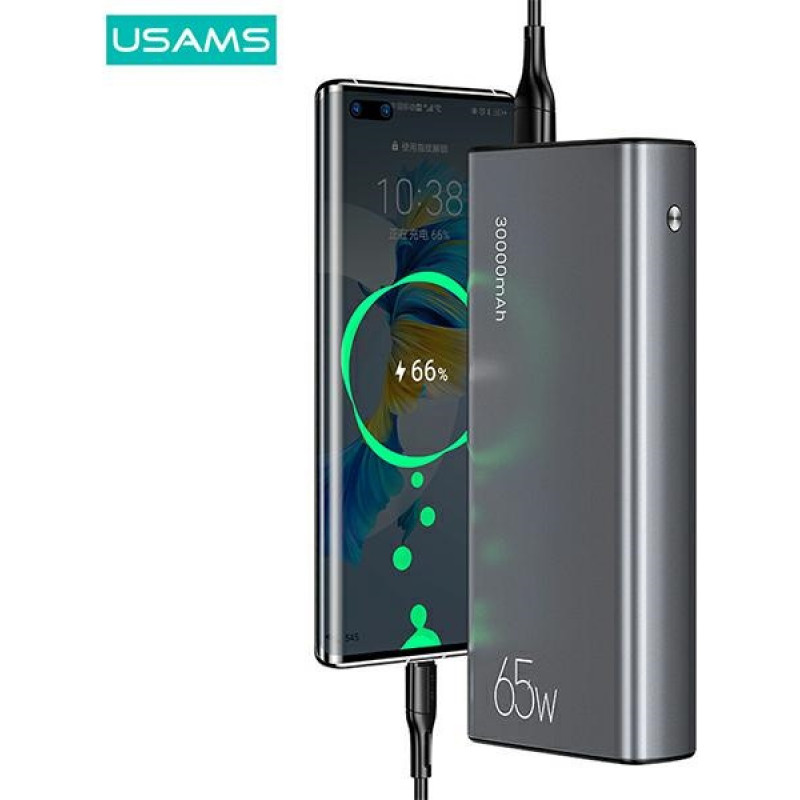 USAMS PB59 US-CD165 akupank 30000 mAh, 65 W, 2x QC3.0 + PD, must, USB-C–USB-C kaabliga
