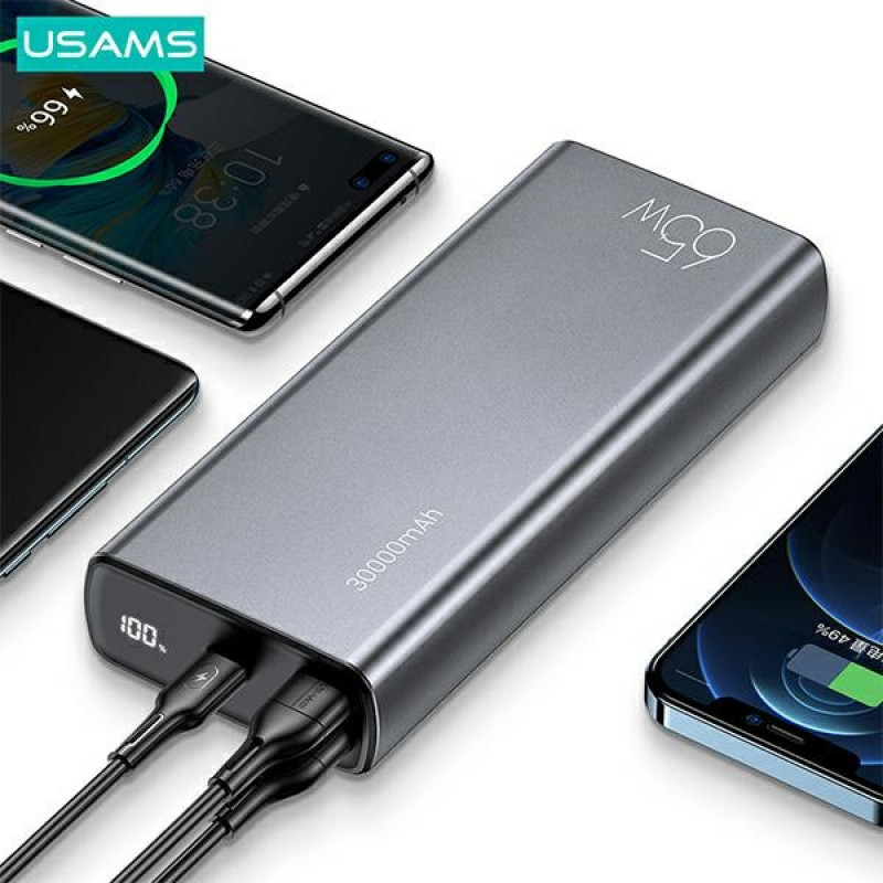 USAMS PB59 US-CD165 akupank 30000 mAh, 65 W, 2x QC3.0 + PD, must, USB-C–USB-C kaabliga