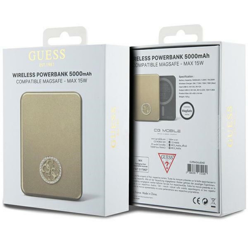 Guess GUPBM5AL4DMD 4G Strassed Metal Logo MagSafe induktsiooniga akupank 5000 mAh, 15W, kuldne