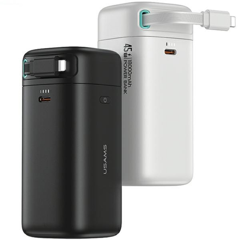 USAMS US-CD217 XMF Series kaasaskantav akupank 18000 mAh, PD 45W kiirlaadimine, Lightning-kaabliga, valge
