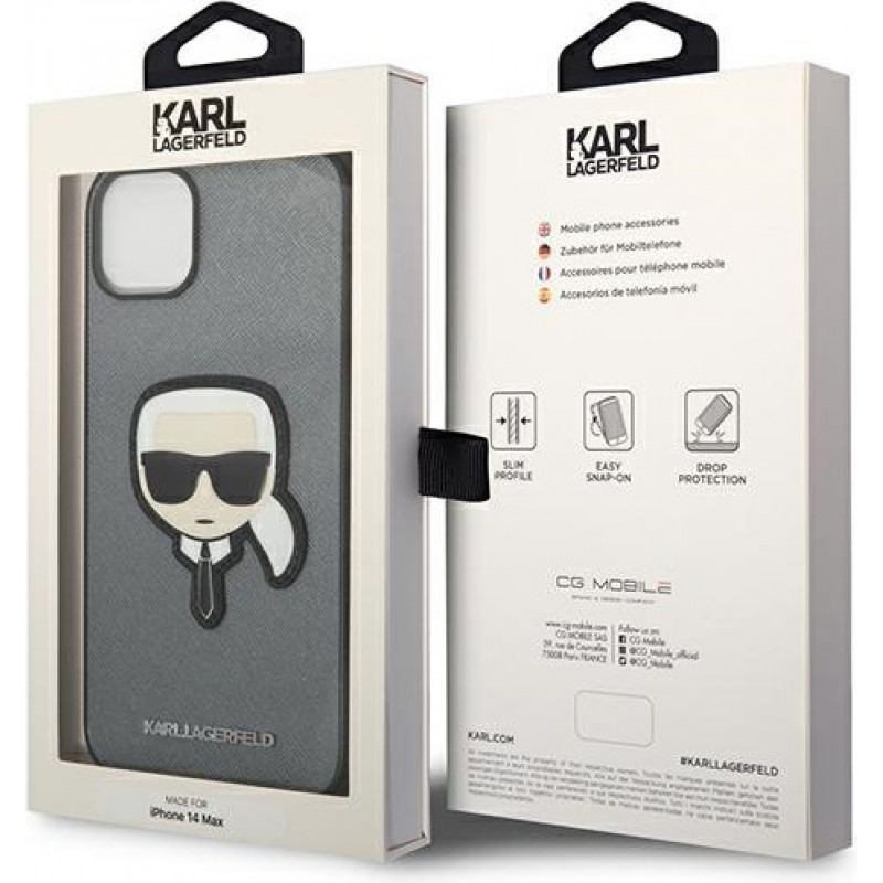 Karl Lagerfeld KLHCP14SSAPKHG kõvakate Apple iPhone 14-le, Saffiano Karl's Head Patch, hõbedane