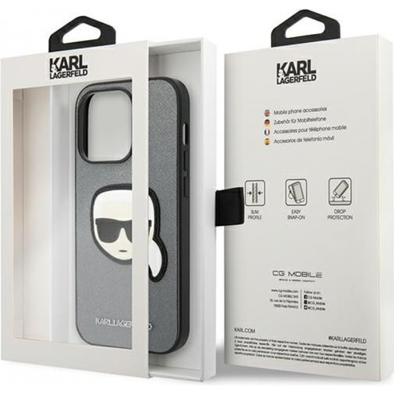 Karl Lagerfeld KLHCP14XSAPKHG kõvakate Apple iPhone 14 Pro Max-le, Saffiano Karl's Head Patch, hõbedane