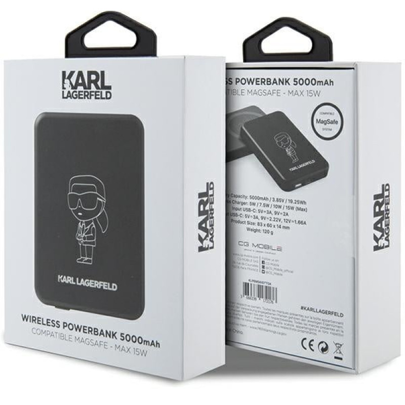 Karl Lagerfeld KLPBM5KIOTTGK induktsiooniga akupank 5000 mAh 15W, Outline Ikonik, MagSafe, must