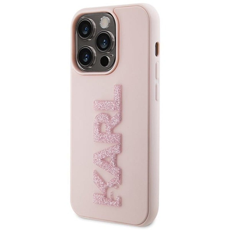 Karl Lagerfeld KLHCP15X3DMBKCPõhukest kõvakomplekti Apple iPhone 15 Pro Maxile, 3D Rubber Glitter Logo, roosa