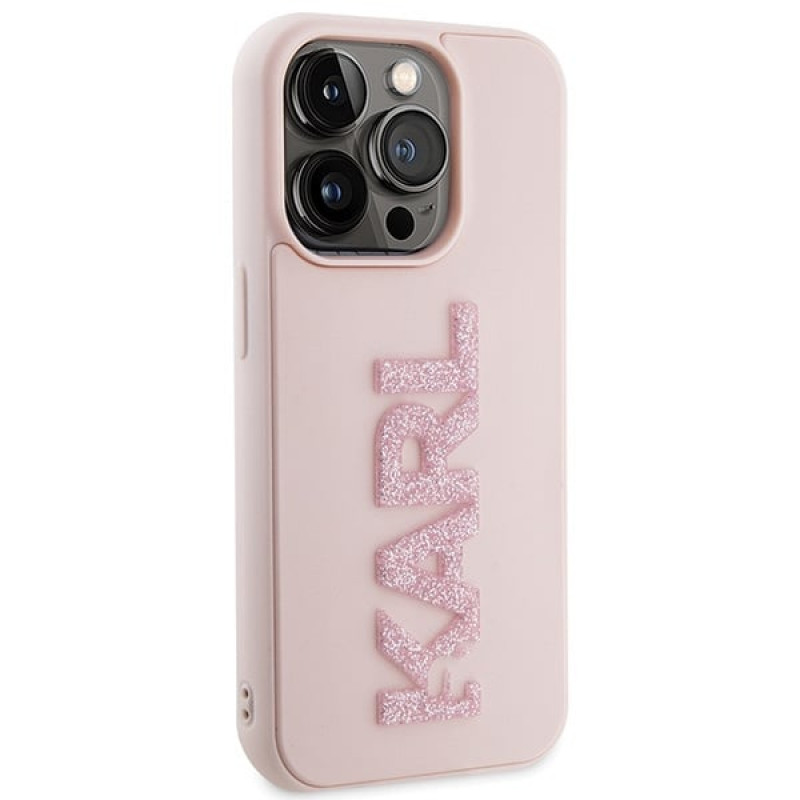 Karl Lagerfeld KLHCP15X3DMBKCPõhukest kõvakomplekti Apple iPhone 15 Pro Maxile, 3D Rubber Glitter Logo, roosa