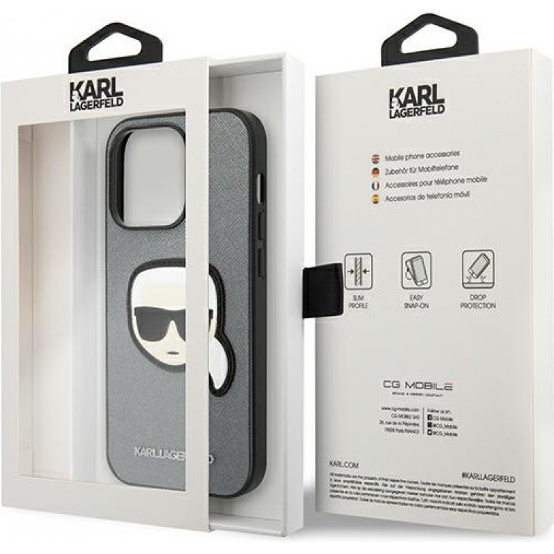 Karl Lagerfeld KLHCP14LSAPKHG kõvakate Apple iPhone 14 Pro jaoks, Saffiano Karl's Head Patch, hõbedane