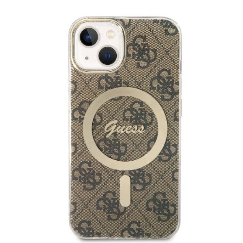 Guess GUBPP14MH4EACSW ümbris + juhtmeta laadija Apple iPhone 14 Plus / iPhone 15 Plus pruun hardcase, 4G Print, MagSafe