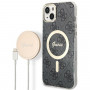 Guess GUBPP14MH4EACSK ümbris + juhtmevaba laadija Apple iPhone 14 Plus / iPhone 15 Plus must kõvaümbris, 4G Print, MagSafe
