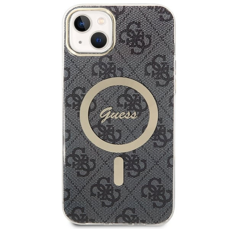 Guess GUBPP14MH4EACSK ümbris + juhtmevaba laadija Apple iPhone 14 Plus / iPhone 15 Plus must kõvaümbris, 4G Print, MagSafe