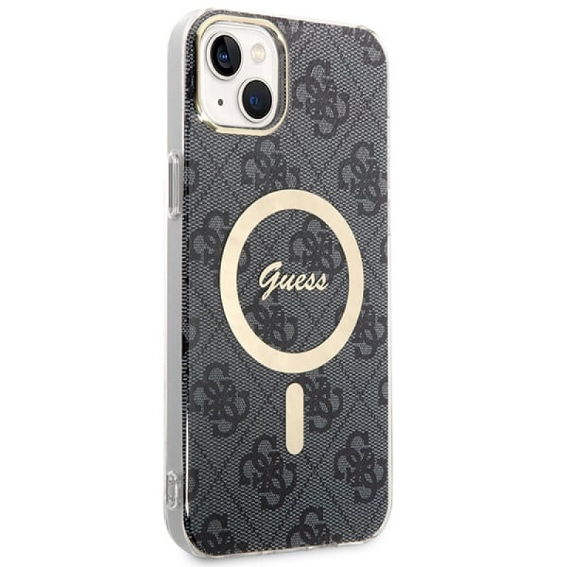Guess GUBPP14MH4EACSK ümbris + juhtmevaba laadija Apple iPhone 14 Plus / iPhone 15 Plus must kõvaümbris, 4G Print, MagSafe