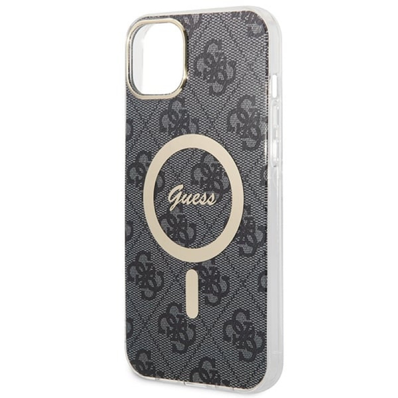 Guess GUBPP14MH4EACSK ümbris + juhtmevaba laadija Apple iPhone 14 Plus / iPhone 15 Plus must kõvaümbris, 4G Print, MagSafe
