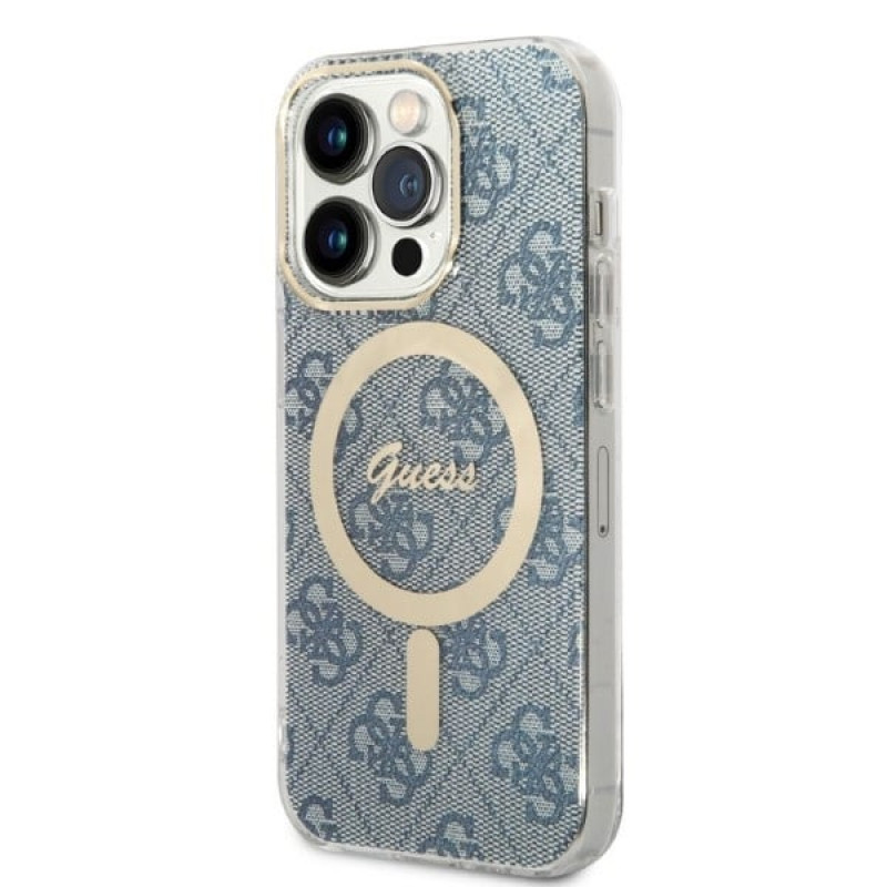 Guess GUBPP14LH4EACSB ümbris + juhtmevaba laadija Apple iPhone 14 Pro sinine kõvakate, 4G Print, MagSafe