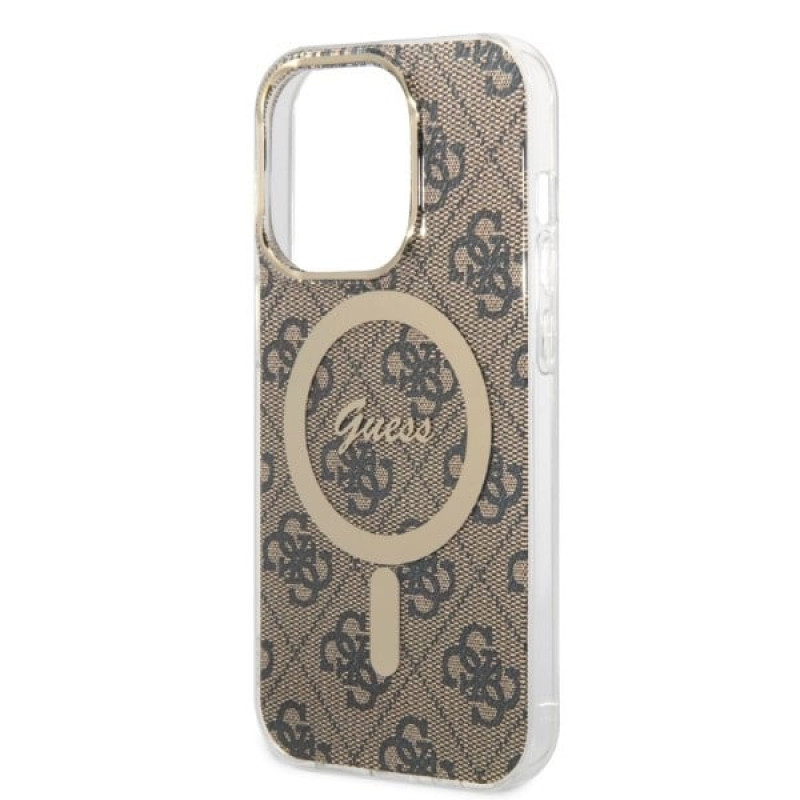 Guess GUBPP14LH4EACSW ümbris + juhtmeta laadija Apple iPhone 14 Pro pruun kõvakate, 4G Print, MagSafe