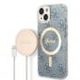 Guess GUBPP14MH4EACSB ümbris + juhtmevaba laadija Apple iPhone 14 Plus / iPhone 15 Plus sinine kõvaümbris, 4G Print, MagSafe
