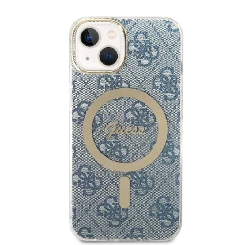 Guess GUBPP14MH4EACSB ümbris + juhtmevaba laadija Apple iPhone 14 Plus / iPhone 15 Plus sinine kõvaümbris, 4G Print, MagSafe