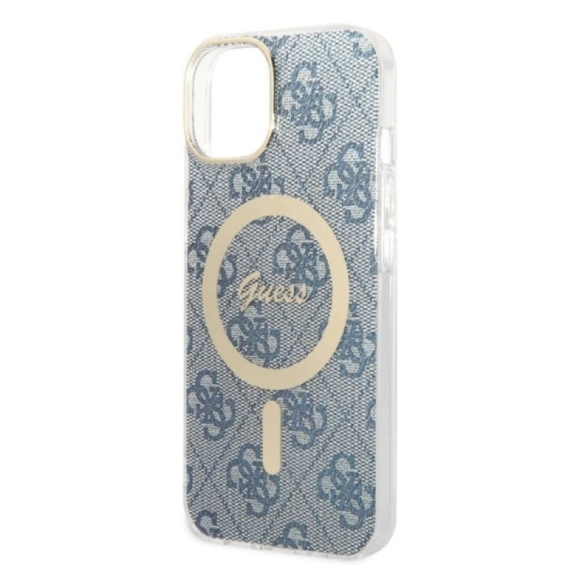 Guess GUBPP14MH4EACSB ümbris + juhtmevaba laadija Apple iPhone 14 Plus / iPhone 15 Plus sinine kõvaümbris, 4G Print, MagSafe