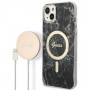 Guess GUBPP14MHMEACSK ümbris + juhtmeta laadija Apple iPhone 14 Plus / iPhone 15 Plus, must, kõvakest, Marble, MagSafe