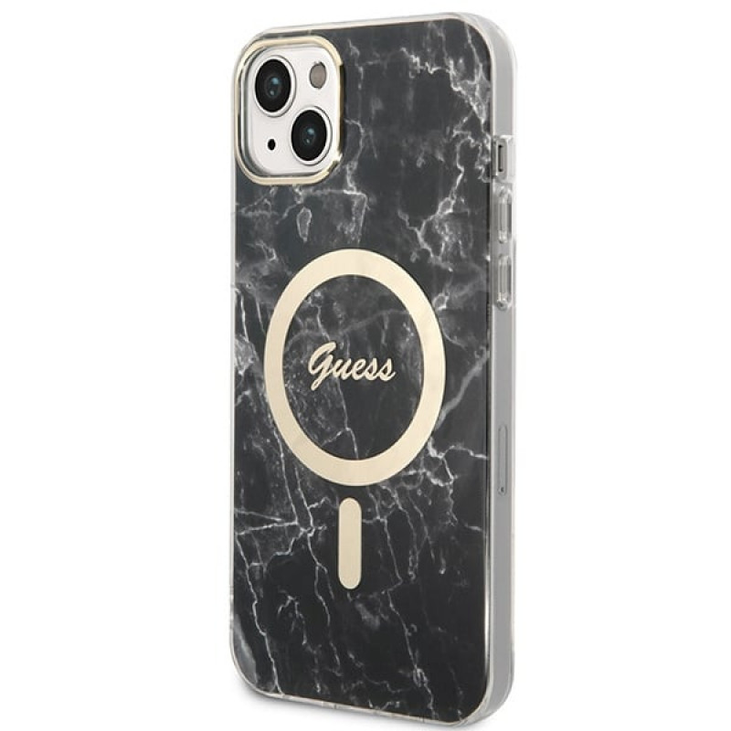 Guess GUBPP14MHMEACSK ümbris + juhtmeta laadija Apple iPhone 14 Plus / iPhone 15 Plus, must, kõvakest, Marble, MagSafe