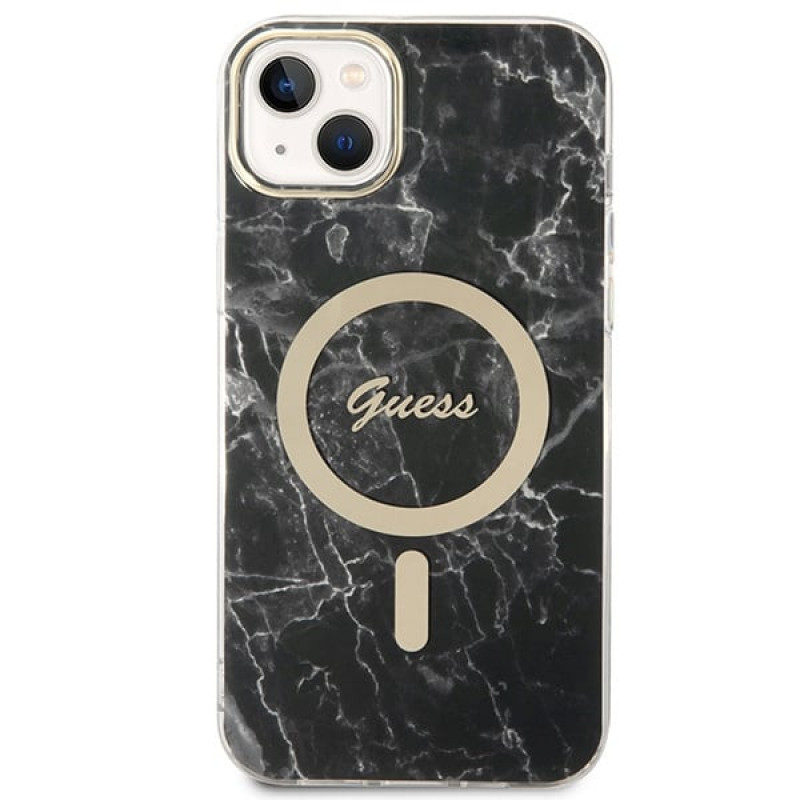 Guess GUBPP14MHMEACSK ümbris + juhtmeta laadija Apple iPhone 14 Plus / iPhone 15 Plus, must, kõvakest, Marble, MagSafe