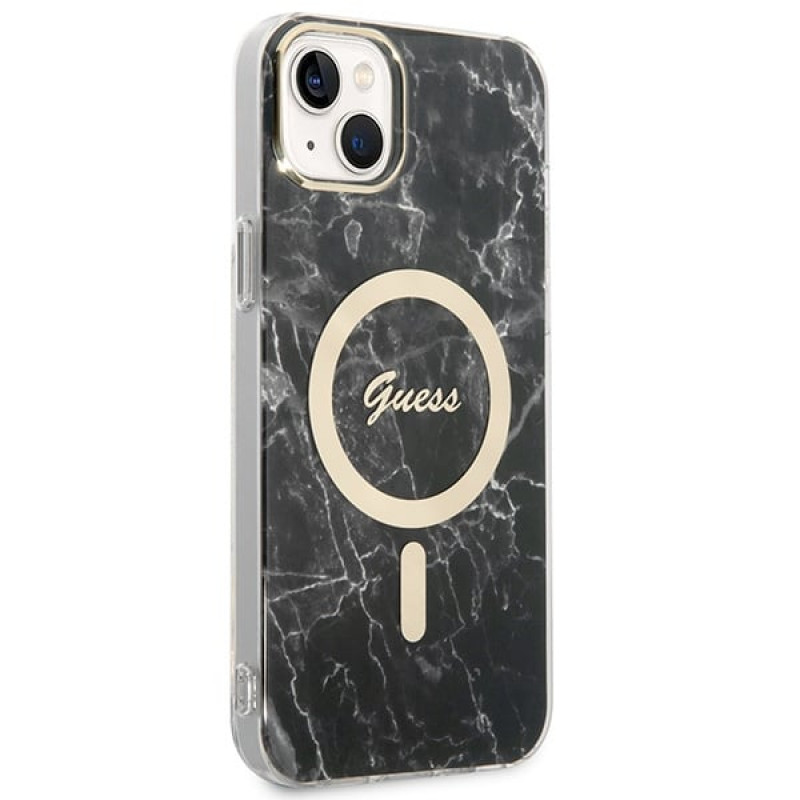 Guess GUBPP14MHMEACSK ümbris + juhtmeta laadija Apple iPhone 14 Plus / iPhone 15 Plus, must, kõvakest, Marble, MagSafe