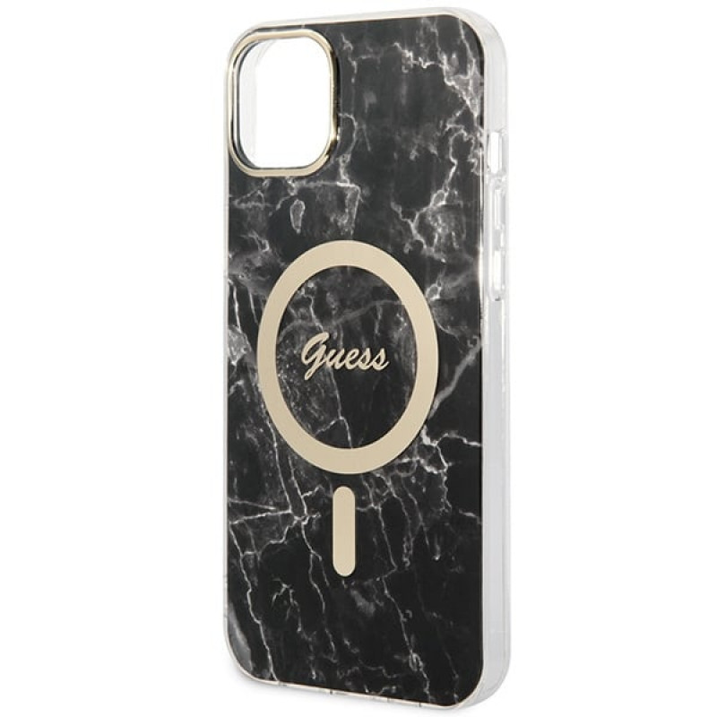Guess GUBPP14MHMEACSK ümbris + juhtmeta laadija Apple iPhone 14 Plus / iPhone 15 Plus, must, kõvakest, Marble, MagSafe