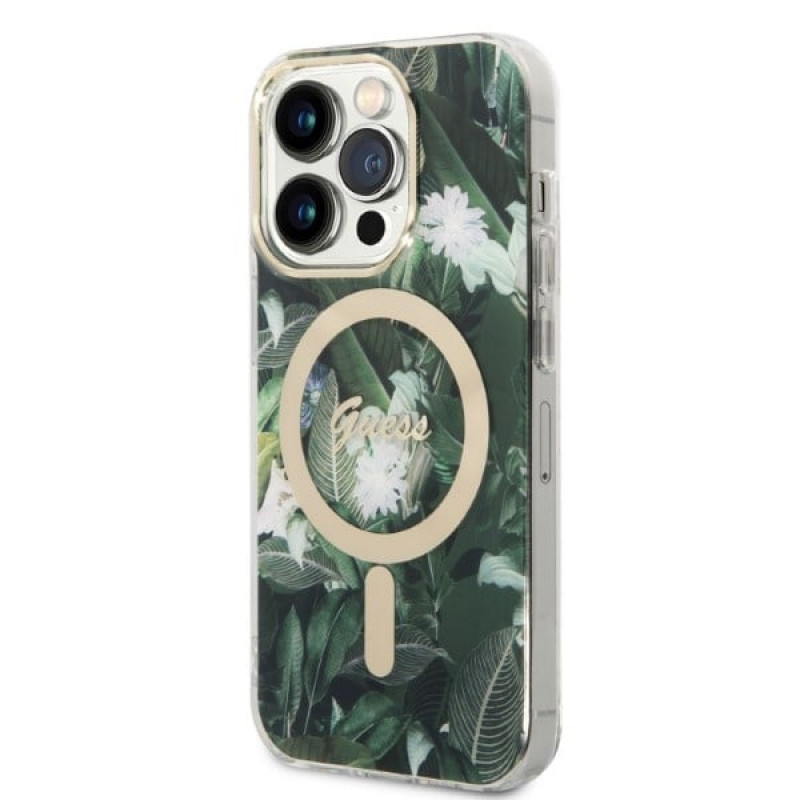 Guess GUBPP14LHJEACSA ümbris + juhtmeta laadija Apple iPhone 14 Pro roheline kõvaümbris, Jungle, MagSafe
