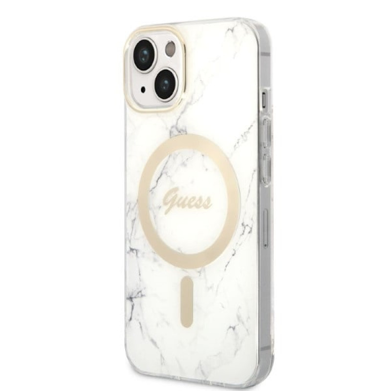Guess GUBPP14MHMEACSH ümbris + juhtmevaba laadija Apple iPhone 14 Plus / iPhone 15 Plus, valge, hardcase, Marble, MagSafe