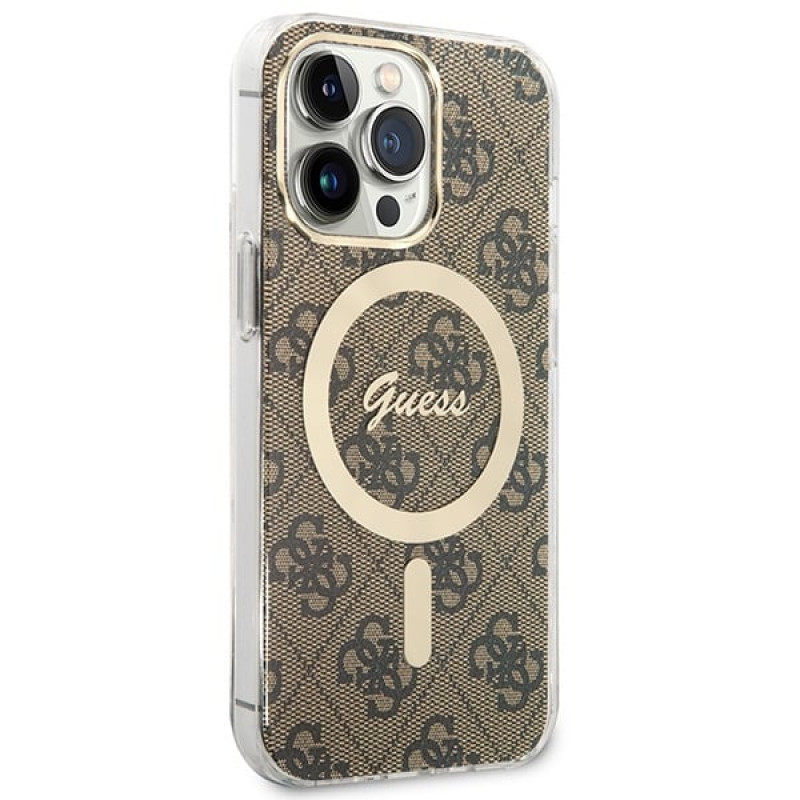 Guess GUBPP13LH4EACSW ümbris + juhtmevaba laadija Apple iPhone 13 Pro pruun hardcase, 4G Print, MagSafe