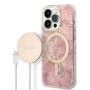 Guess GUBPP14LHJEACSP ümbris + juhtmevaba laadija Apple iPhone 14 Pro jaoks, Jungle, roosa kõva ümbris, MagSafe