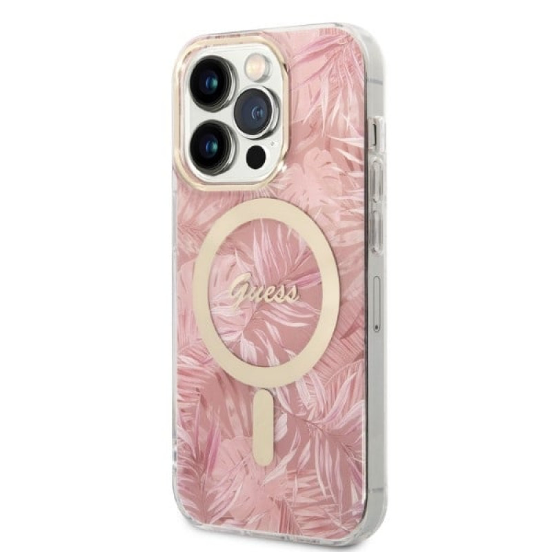 Guess GUBPP14LHJEACSP ümbris + juhtmevaba laadija Apple iPhone 14 Pro jaoks, Jungle, roosa kõva ümbris, MagSafe