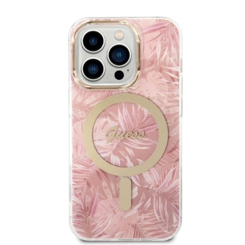 Guess GUBPP14LHJEACSP ümbris + juhtmevaba laadija Apple iPhone 14 Pro jaoks, Jungle, roosa kõva ümbris, MagSafe