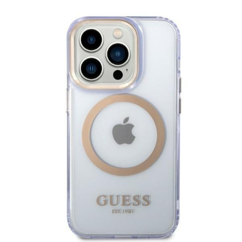 Guess GUHMP14XHTCMU Apple iPhone 14 Pro Max lilla kõvakate, Gold Outline Translucent, MagSafe