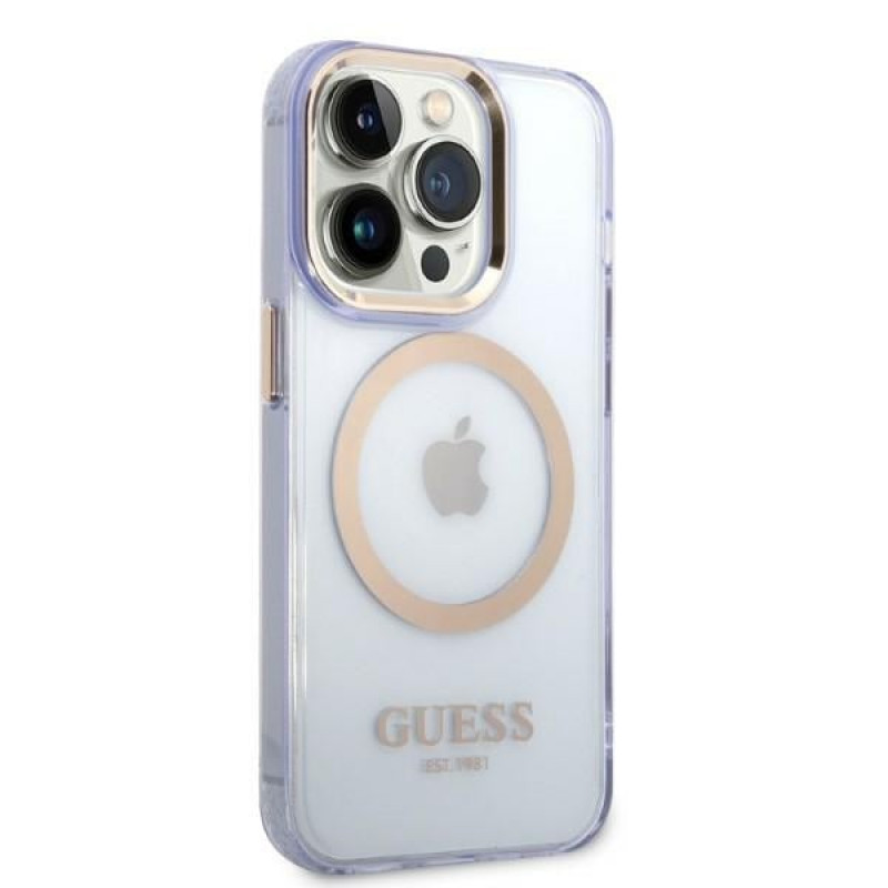 Guess GUHMP14XHTCMU Apple iPhone 14 Pro Max lilla kõvakate, Gold Outline Translucent, MagSafe