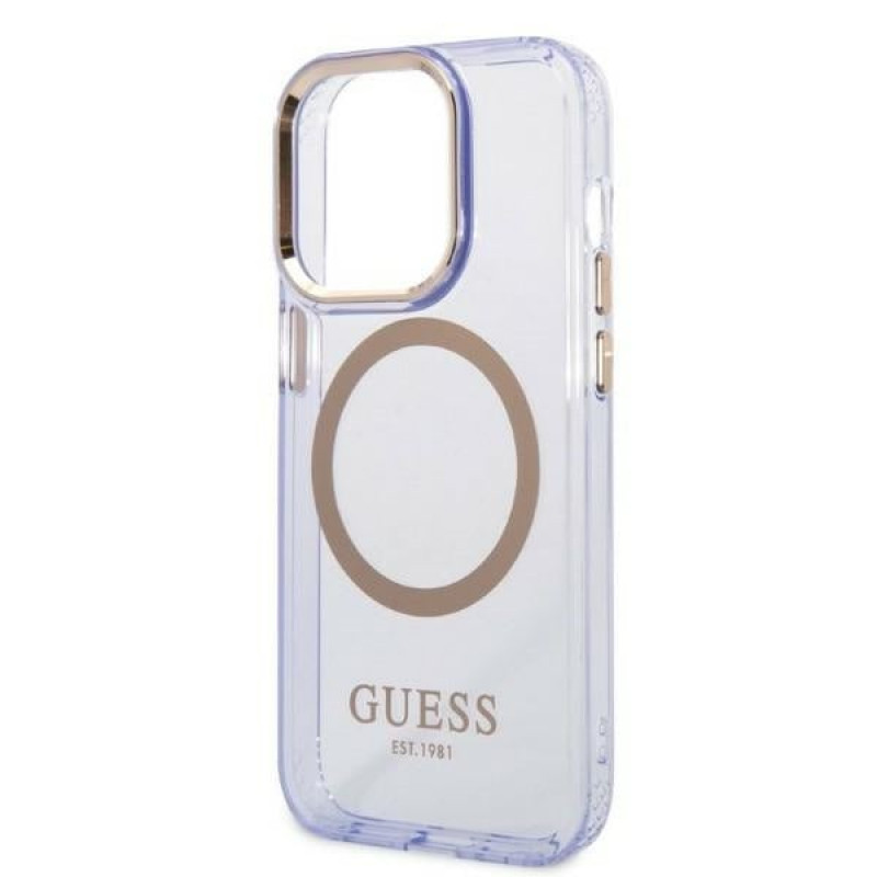 Guess GUHMP14XHTCMU Apple iPhone 14 Pro Max lilla kõvakate, Gold Outline Translucent, MagSafe