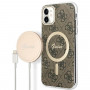 Guess GUBPN61H4EACSW ümbris + juhtmevaba laadija Apple iPhone 11 jaoks, 4G Print, pruun kõva ümbris, MagSafe