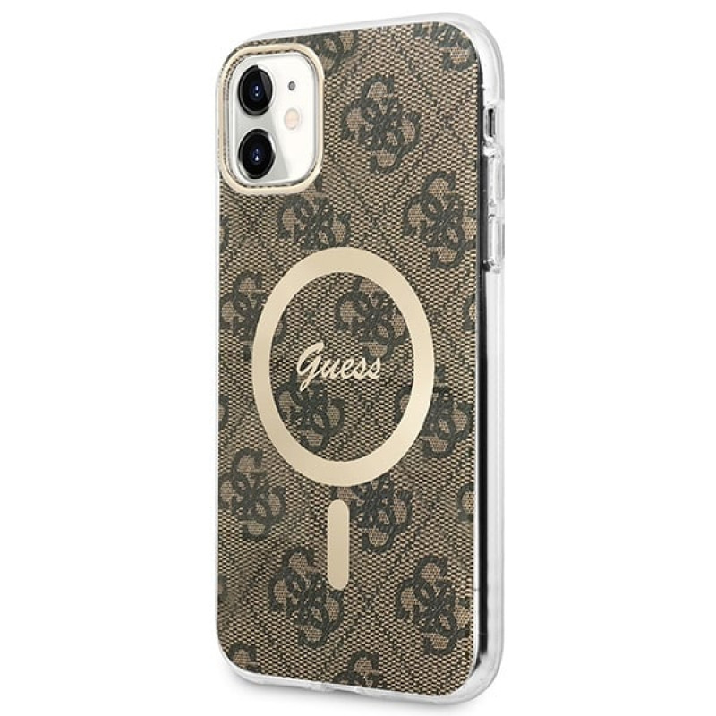 Guess GUBPN61H4EACSW ümbris + juhtmevaba laadija Apple iPhone 11 jaoks, 4G Print, pruun kõva ümbris, MagSafe