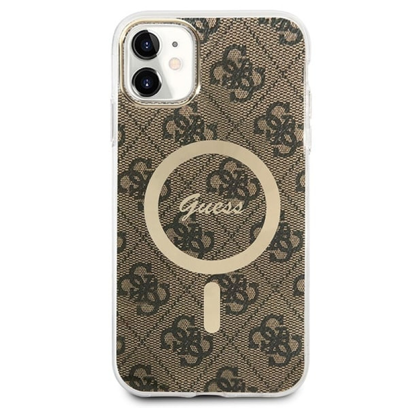 Guess GUBPN61H4EACSW ümbris + juhtmevaba laadija Apple iPhone 11 jaoks, 4G Print, pruun kõva ümbris, MagSafe