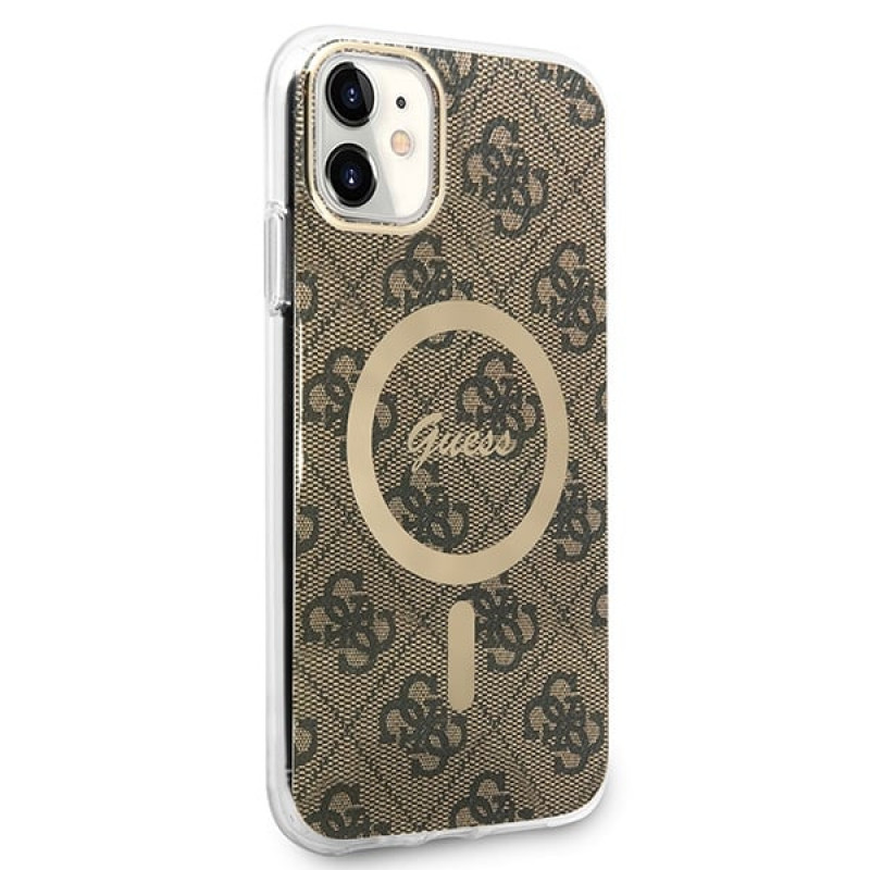 Guess GUBPN61H4EACSW ümbris + juhtmevaba laadija Apple iPhone 11 jaoks, 4G Print, pruun kõva ümbris, MagSafe