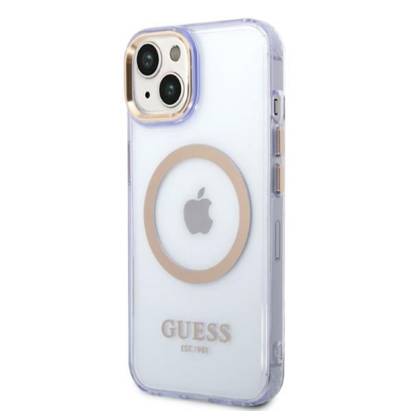 Guess GUHMP14SHTCMU Apple iPhone 14 lilla kõvakate, Gold Outline Translucent, MagSafe