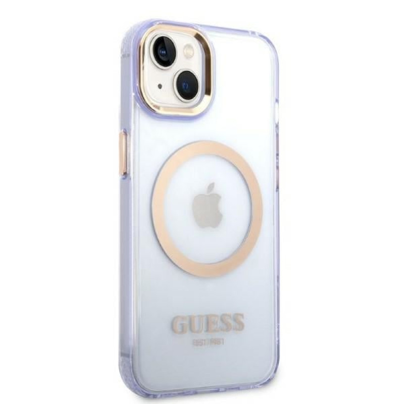 Guess GUHMP14SHTCMU Apple iPhone 14 lilla kõvakate, Gold Outline Translucent, MagSafe