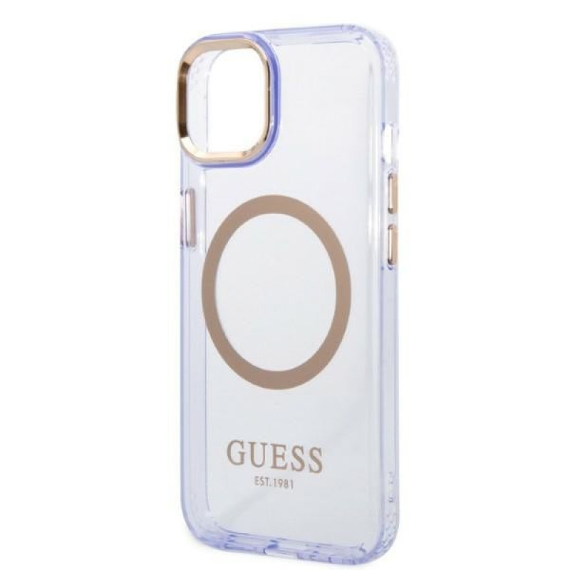 Guess GUHMP14SHTCMU Apple iPhone 14 lilla kõvakate, Gold Outline Translucent, MagSafe