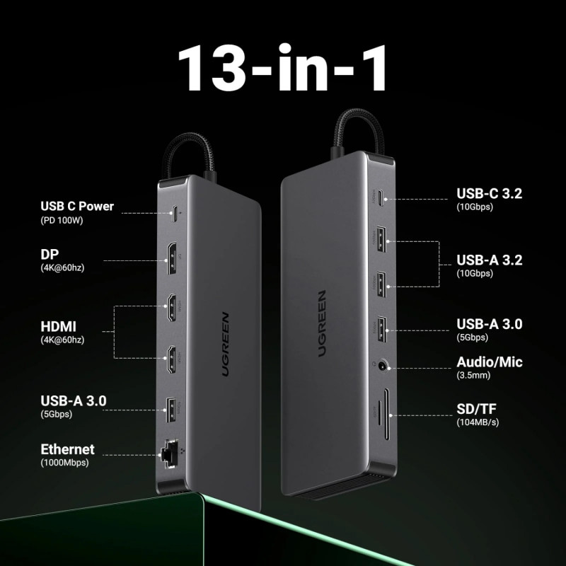 Ugreen Revodok Pro 313 USB-C sülearvuti dokkimisjaam (15978), UGR1851, 100 W, hall