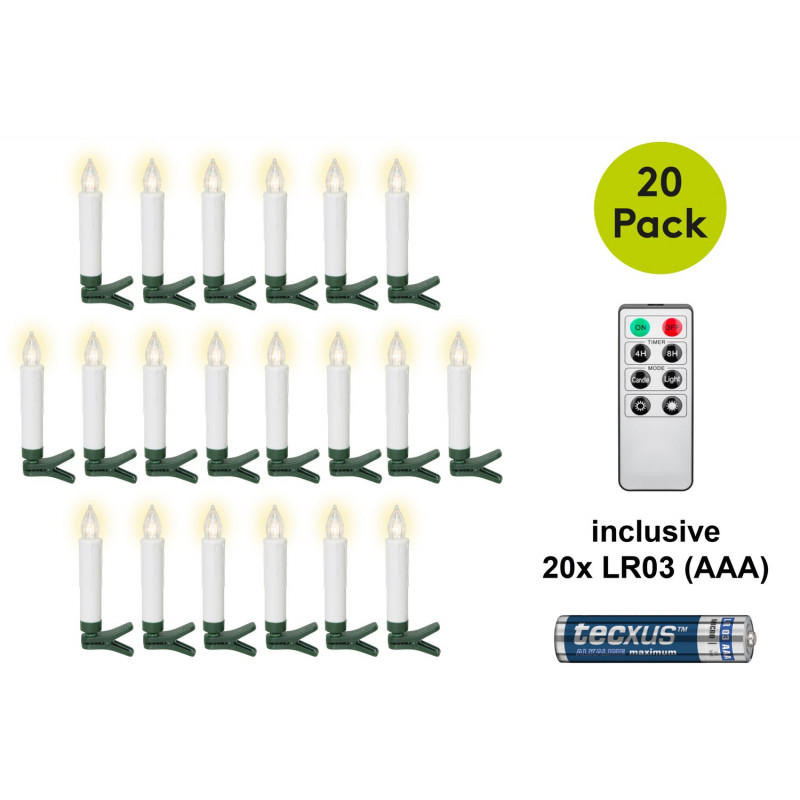Goobay 75258 juhtmeta LED-jõuluküünlad (20 tk), sisaldab 20x AAA (LR03), klambrid, kaugjuhtimispult, taimer, hämardatav, soe valge (2600 K)