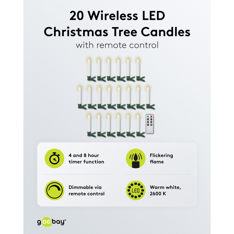 Goobay 75258 juhtmeta LED-jõuluküünlad (20 tk), sisaldab 20x AAA (LR03), klambrid, kaugjuhtimispult, taimer, hämardatav, soe valge (2600 K)