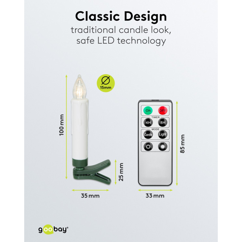 Goobay 75258 juhtmeta LED-jõuluküünlad (20 tk), sisaldab 20x AAA (LR03), klambrid, kaugjuhtimispult, taimer, hämardatav, soe valge (2600 K)