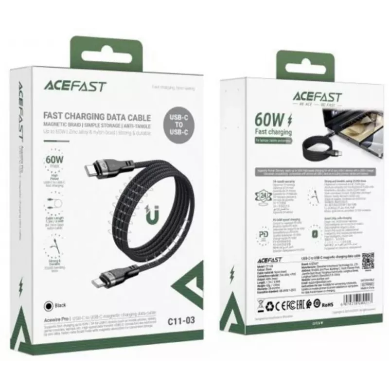 Acefast C11-03 3in1 USB-C to USB-C kaabel 100W 480Mbps 1,2m Must