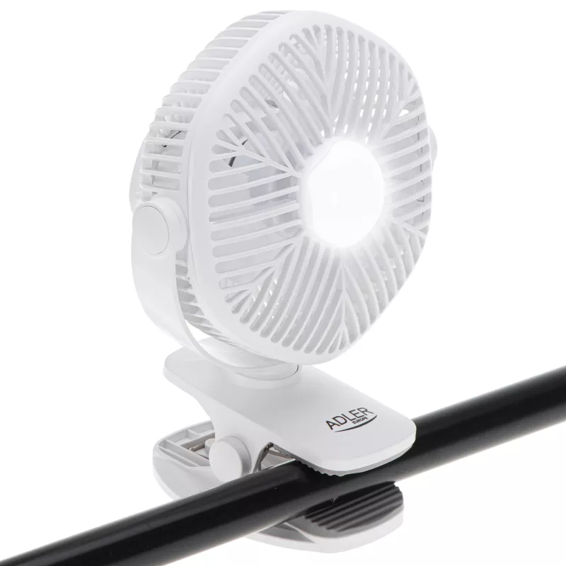 Adler AD 7335 laetav klambriga lauaventilaator, 6W, 12,7 cm, 3 kiirust, pöörlemine, valge